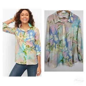 Talbots 100% Cotton Women’s Button Up Top Sz 3X Tropical Office Vacation Resort